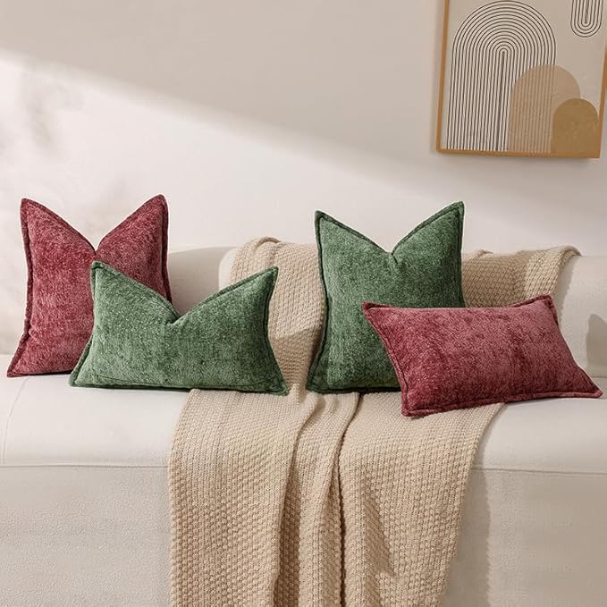 Pack of 2 Christmas Burgundy Fall Decorative Throw Pillow Covers 20x20 Cozy Soft Chenille Accent Vintage Square Couch Pillow Covers for Home Decor Bed Sofa Living Room