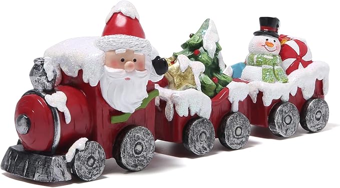 Hodao Christmas Train Figurines with Santa, Tree & Snowman – Mini Resin Tabletop Decorations for Home, Indoor Holiday Decor, Lovely Ornaments & Gift