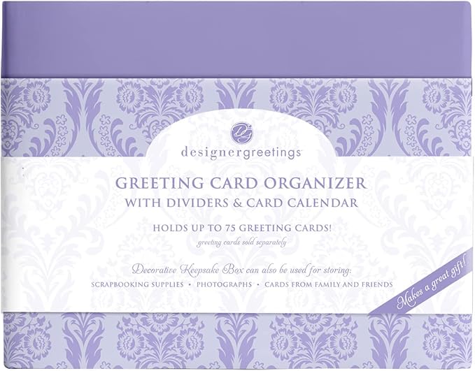 Designer Greetings Greeting Card Organizer Box with Dividers and Calendar, Decorative Lavender Damask Pattern (9.5” x 7.25” x 6”, Holds Up to 75 Greeting Cards), purple - large (711-00005-0000)