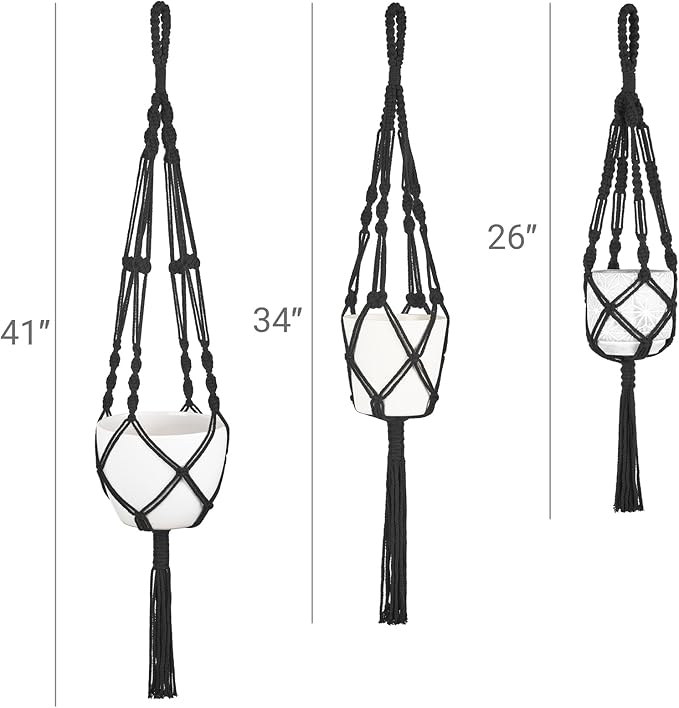 Mkono 3 Pack Macrame Plant Hangers, Different Sizes Hanging Planters Indoor Basket Decorative Flower Pots Holder Stand Boho Home Decor, Black