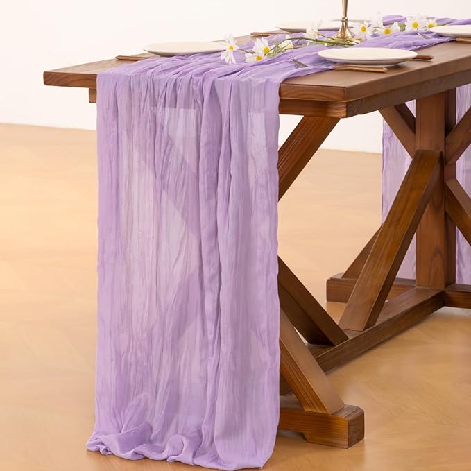 Socomi Lilac Purple Lavender Cheesecloth Table Runner Valentine's Day Boho Rustic Gauze 120 inch 10FT Cheese Cloth Runner for Wedding Party Baby Shower Birthday Home Decor Holiday Decorations