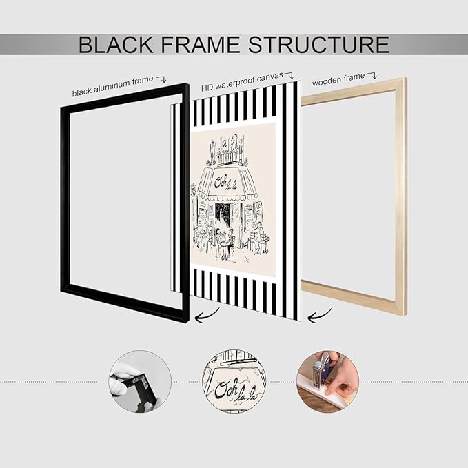 Black and White Stripe Sketch Wall Art French Paris Cafe Aesthetic Poster Funky Minimalist Canvas Prints 08x10 inch Black Framed for Kitchen Coffee Bedroom Wall Decor