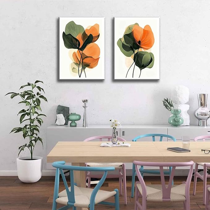 2Pcs Abstract Plants Floral Canvas Wall Art Modern Botanical Flower Painting Decor Pictures Medieval Colorful Boho Posters Prints for Dining Living Kitchen Church Bedroom Decoration