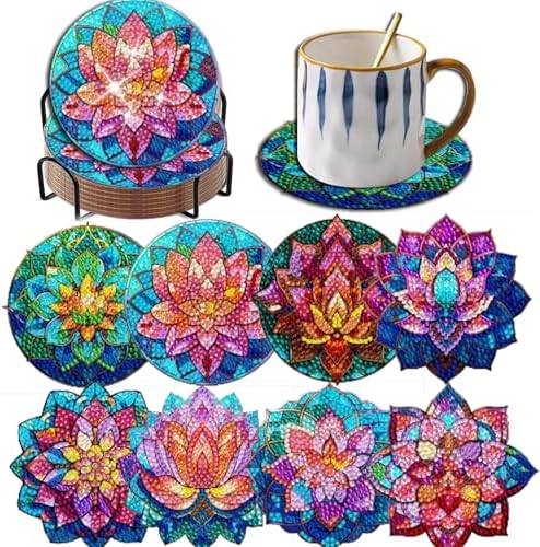 Demonwer 8 Pieces Lotus Diamond Painting Coasters with Holder DIY Cute Lotus Diamond Art Coasters 5d Lotus Diamond Coasters with Cork Pads for Beginners Adults for Christmas Holidays Gift by Demonwer