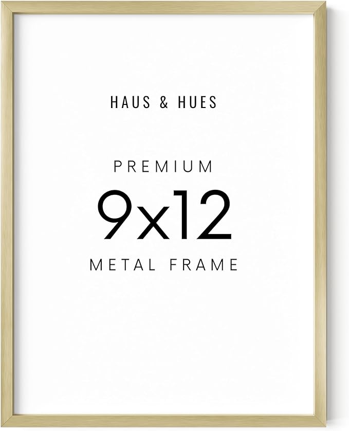 HAUS AND HUES 9x12 Gold Picture Frame - 9x12 Frame Aluminum, Vertical & Horizontal Hanging, Shatterproof Plexiglass - Ideal for Home, Room, Office Decor (9x12 in, Gold)