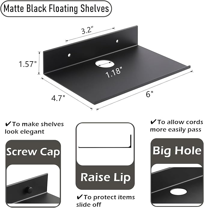 Z metnal Small Floating Shelves, Mini Speaker Shelf, Self Adhesive Small Wall Mount Metal Shelves with Cable Clip, Display Shelf for Cameras Monitor Routers, Matt Black, 6 inch