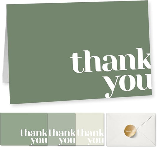Paper Play Thank You Cards Bulk Pack of 40 Green, 5x3.5 Inches with Matching Stickers & Envelopes, Minimalistic Design Suitable for Business, Baby Shower, Wedding, Small Business, Graduation, Funeral