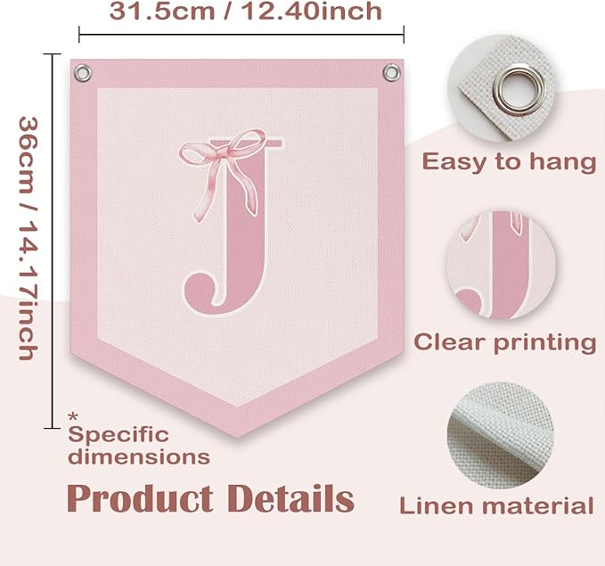 Lacama Initial Personalized Preppy Banner, Baby Shower Decor Girl Nursery Decor, Coquette Pink Bow Teen Girl Gifts, Vintage Room Toddler Room Bedroom Playroom Front Door Birthday Gift(J)