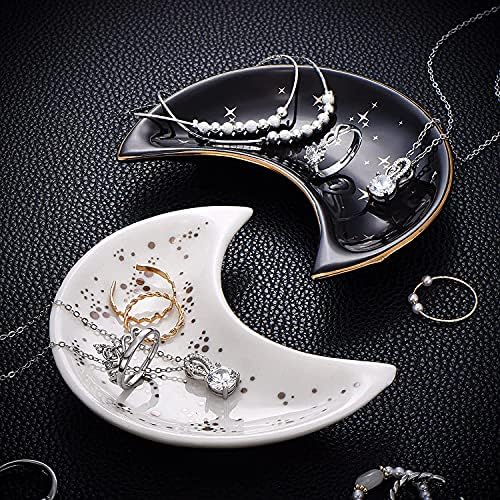 Patelai 2 Pieces Moon Trinket Tray Jewelry Plate Trinket Dish Tray Ring Ceramics Jewelry Dish Gifts for Rings, Earrings, Bracelets, Necklaces, Crystals Stones(White, Black) - Image 2
