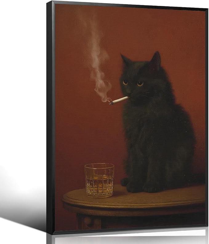 Black Cat Canvas Wall Art, Cat Smoking A Cigarette with Alcohol Oil Painting Poster, Funny Animal Whimsical Bar Cart Print, Quirky Home Bar Pub Man Cave Wall Decor 8x12in Wrapped Canvas