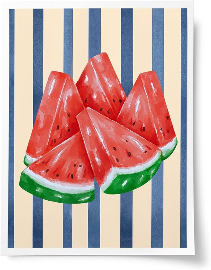 Watermelon Watercolor Wall Art – Fresh Summer Fruit Canvas Print – Blue Stripe Kitchen Decor – Watermelon Slice Illustration Poster 12x16inch-Unframed