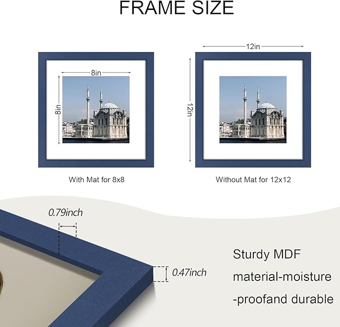 12x12 Picture Frame Set of 9, Photo Gallery Wall Frame Set, Display Pictures 8x8 with Mat or 12 x 12 Without Mat, Square Frame Picture Frames Collage Wall Decor, Blue
