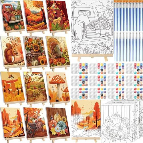 Zhanmai 72 Pcs 12 Sets Sip and Paint Kit Pre Drawn Canvas for Painting 8" x 10" Paint Party Canvas Painting Pre Printed Canvases for Party Favor DIY Virtual Adult's Date Night(Fall Thanksgiving) by Zhanmai