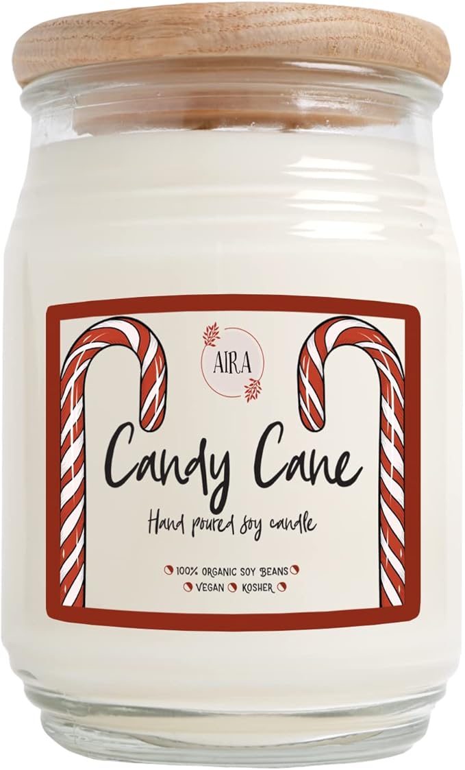 Aira Soy Christmas Candles - Organic, Kosher, Vegan, in Farmhouse Jar w/Essential Oil Blends - Hand-Poured 100% Soy Candle Wax - Paraffin Free, Burns 150+ Hours - Peppermint Candy Cane - 20 Ounces