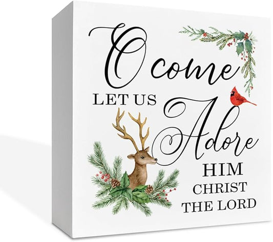 Christmas Christian Wooden Desk Decor Sign, Let Us Adore Him Christ The Lord Wooden Box Sign, Religious Holiday Home Plaque with Deer and Cardinal Design, Christmas Decor 5x5 Inches