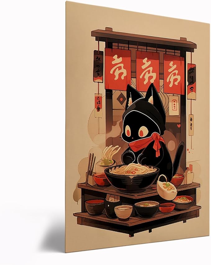 Ramen Shop Cat Poster,Noodle Black Cat Poster,Vintage Ramen Print,Lucky Cat Print,Tokyo Print,Funny Cat Shop Owner Art,Edo Period,Kitchen Wall Decor12x16 Framed
