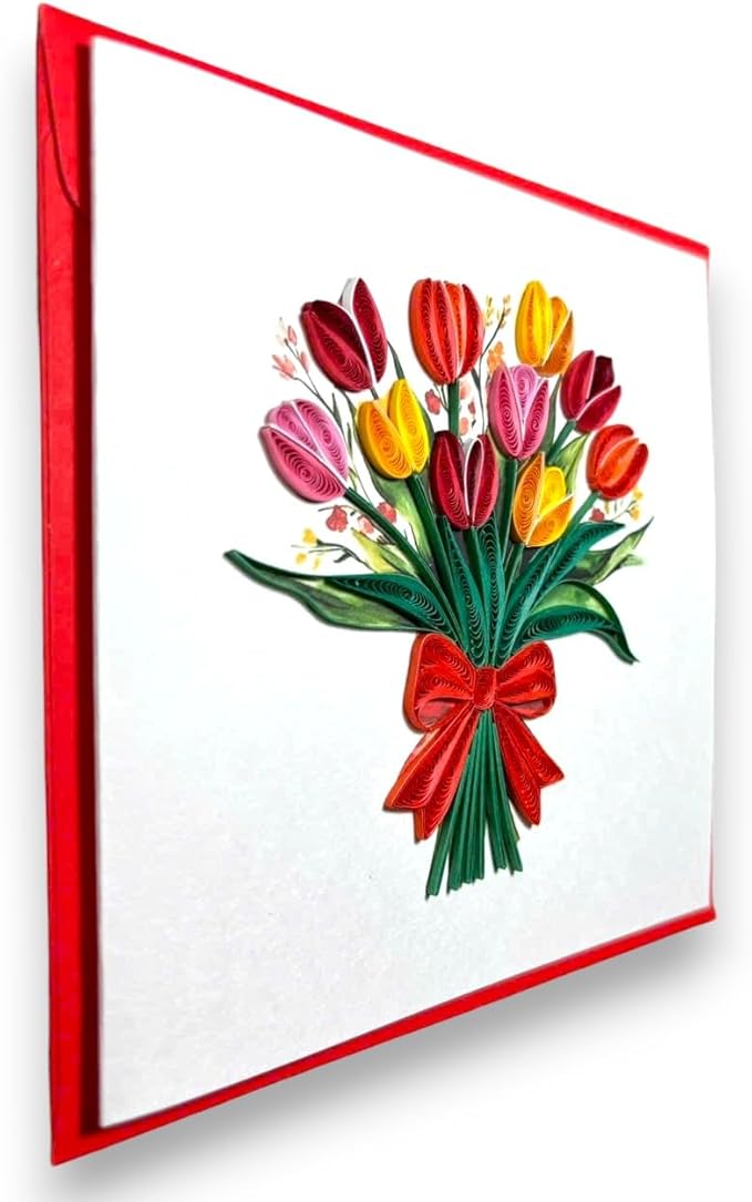 Handmade Quilling Tulip Greeting Card – 3D Pop-Up Floral Card with Red Envelope – Blank Inside – Birthday, Mother’s Day, Father's Day, Valentine’s, Anniversary, Thank You, Get Well