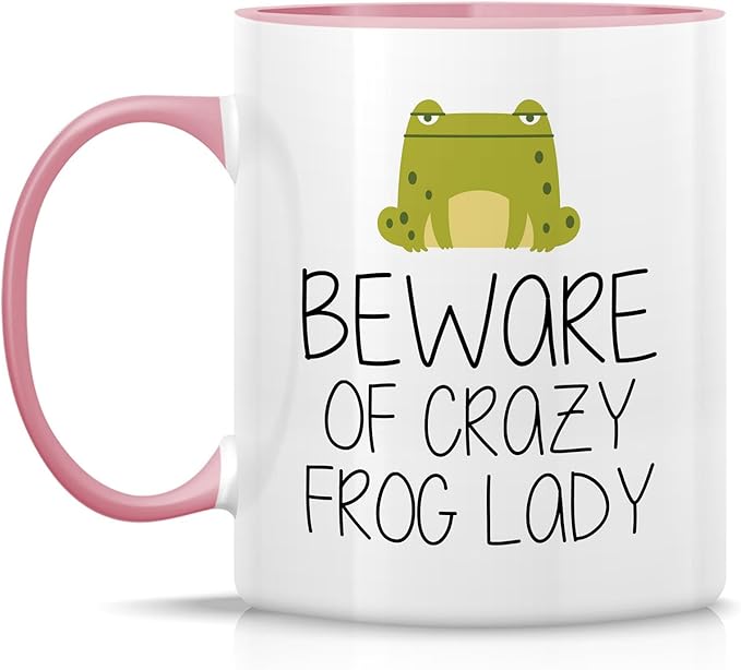Retreez Funny Mug - Beware of Crazy Frog Lady 11 Oz Ceramic Coffee Mugs - Funny, Sarcasm, Sarcastic, Motivational, Inspirational birthday gifts - White Mug with Pink Handle and Inner