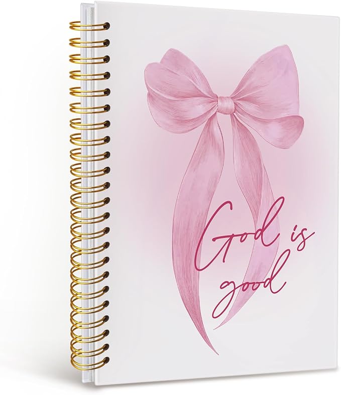 MOFUYU Prayer Journal for Woman,Bible Study Notebook,Coquette Pink Bow Notebook for Bible Notes,God is Good,Cute Notebooks for Women,Pink School Supplies Hardcover Spiral Notebook 5.5x8.3 Inch