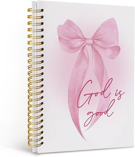 MOFUYU Prayer Journal for Woman,Bible Study Notebook,Coquette Pink Bow Notebook for Bible Notes,God is Good,Cute Notebooks for Women,Pink School Supplies Hardcover Spiral Notebook 5.5x8.3 Inch