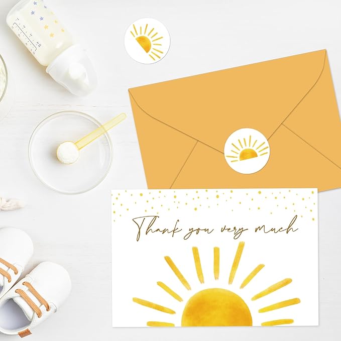 Whaline 30 Pack Baby Shower Thank You Cards with Envelopes Stickers Boho Sun Greeting Cards Sunshine Blank Note Card for Baby Shower Birthday Wedding Party Supplies, 4 x 6 Inch