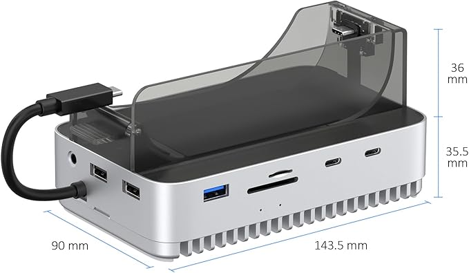Vertical Station Mac mini M4 M.2 NVMe USB4 SSD Enclosure 40Gbps USB-C Hub Aluminum Fins Dual Host USB-C Ports SD/TF 4.0 USB