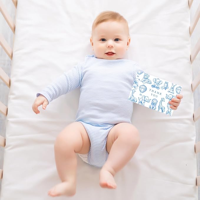 Whaline 24 Pack Baby Shower Thank You Card Cute Blue White Animal Greeting Cards with Envelopes Stickers Blank Note Cards for Gender Reveal Birthday Party Supplies