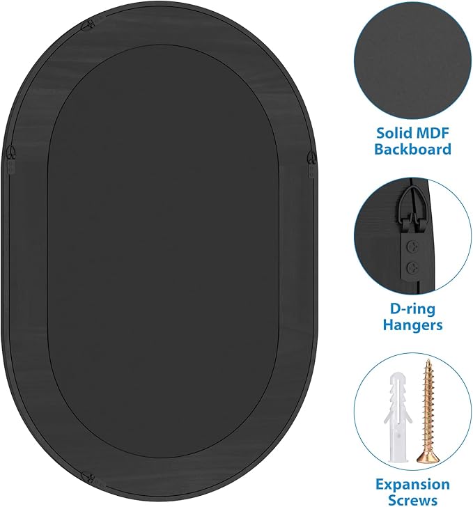 Rattan Wall Mirror with Wooden Framed Black Oval Bathroom Mirror 24 X 36 inch Farmhouse Wood Mirror for Modern Decorative Bathroom, Living Room, Entryway, Bedroom