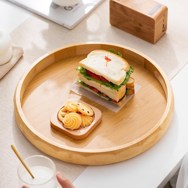 13.4" Round Bamboo Tray with Handles, Wood Serving Tray, Decorative Tray - Image 6