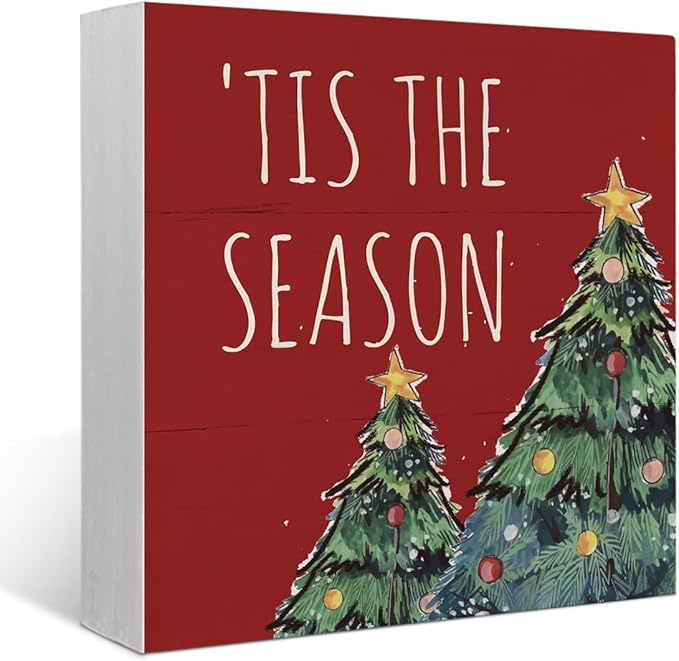 Christmas Decorations, The Season Christmas Trees Wooden Box Sign, Merry Christmas Sign, Christmas Decorations Indoor, Farmhouse Rustic Wood Block Plaque for Home Desk Bedroom Decor 5x5
