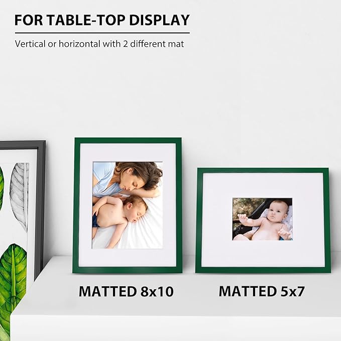 KINLINK 11x14 Picture Frame Green, Solid Wood Frames with Acrylic Plexiglass for Pictures 5x7/8x10 with Mat or 11x14 without Mat, Tabletop and Wall Mounting Display, Set of 4