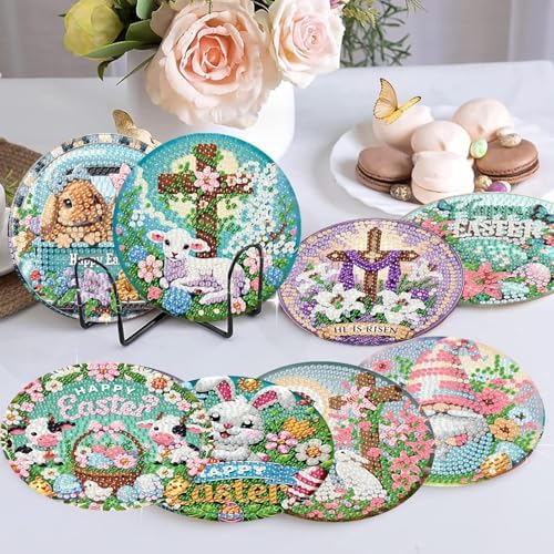 NEGEKFKX 8 Pcs Easter Diamond Art Painting Coasters Kits,Christianity Coaster with Holder for Adults, Non-Slip DIY Dot Paint Craft Kits,5D Full Drill DIY Diamond Dot Gem Art Kit Home Decor Arts Craft - Image 2