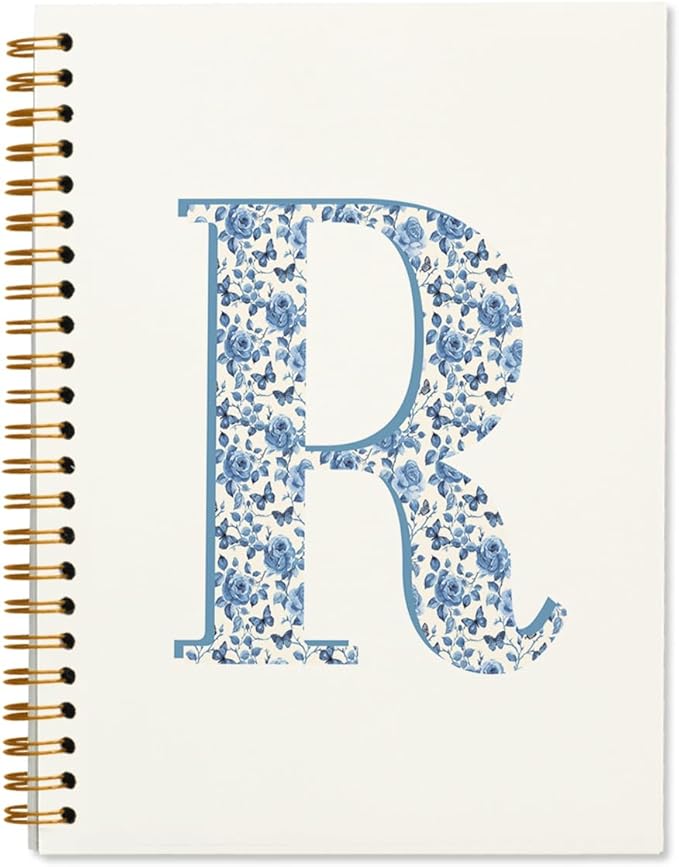 Blue Cute Initial Notebook Journal Diary Libretas Escolares R, Preppy Cute Aesthetic Personalized Notebook Gifts for Women Teen Girls Kids,Preppy Blue Aesthetic School Supplies for Girls 5.5x8.3
