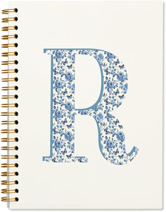 Blue Cute Initial Notebook Journal Diary Libretas Escolares R, Preppy Cute Aesthetic Personalized Notebook Gifts for Women Teen Girls Kids,Preppy Blue Aesthetic School Supplies for Girls 5.5x8.3