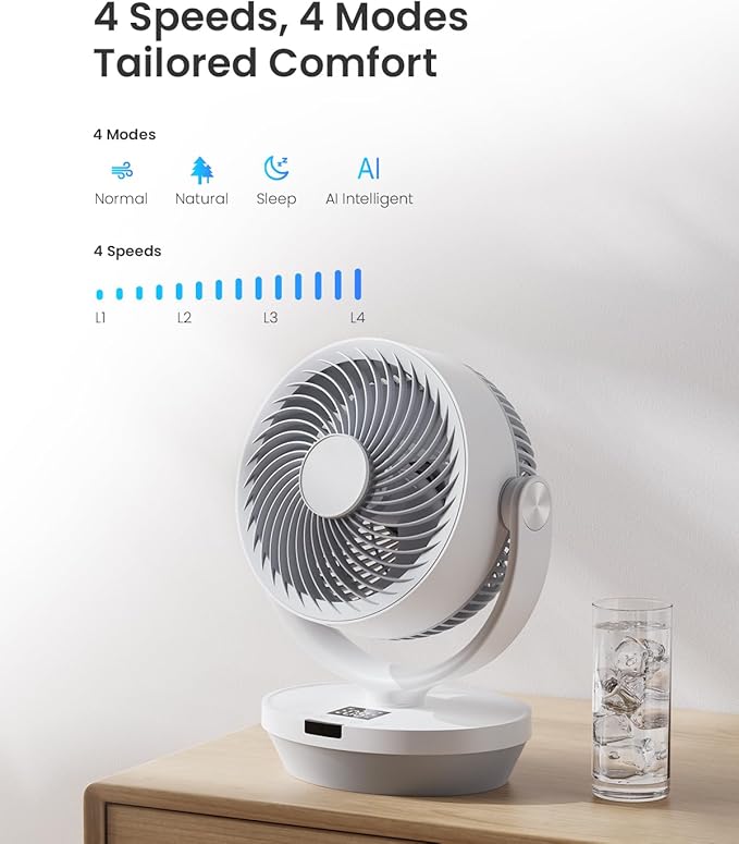 Air Circulator Fan for Bedroom, 13" Table Fan with Remote, 90° Oscillating & 120° Tilt, 60ft Strong Airflow, Quiet 25dB Electric Fan with 4 Speeds, 4 Modes & 12H Timer