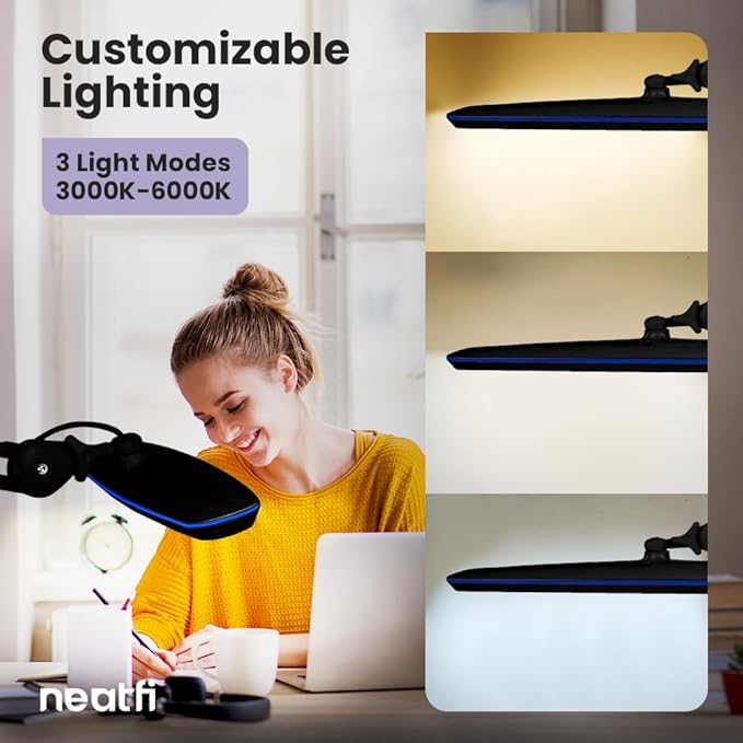 Neatfi XL 2,200 Lumens LED Task Lamp, 24W, 117 SMD LEDs, 23-Inch Ultra-Wide, 4 Brightness Levels, 3 Light Modes, Dimmable, Eye-Caring, Glare-Free (CCT with Clamp, Black)
