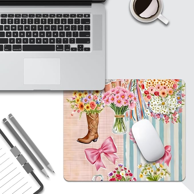 Pink Bow Ribbon Flower Boots Texture Mouse pad, Square Waterproof and Anti Slip Mouse pad for Office laptops
