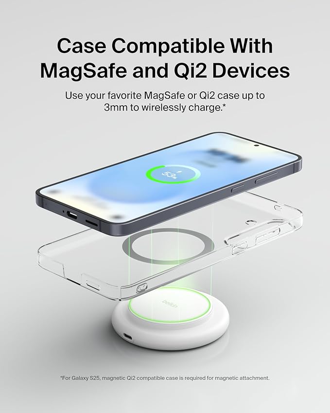 Belkin Magnetic Wireless Charging Pad 15W - MagSafe-Compatible Qi2-Certified Wireless Charger for iPhone 16 Series, Samsung Galaxy S25, AirPods, & More w/Non-Slip Base, Power Supply Included - White