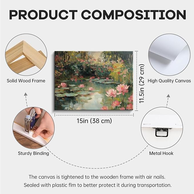 Water Lily Pond Wall Art – 15x12 Inch Lotus Flower Landscape Print – Monet Style Botanical Poster for Living Room, Bedroom, Office – Frameless Laminated Paper with Hanging & Tabletop Display