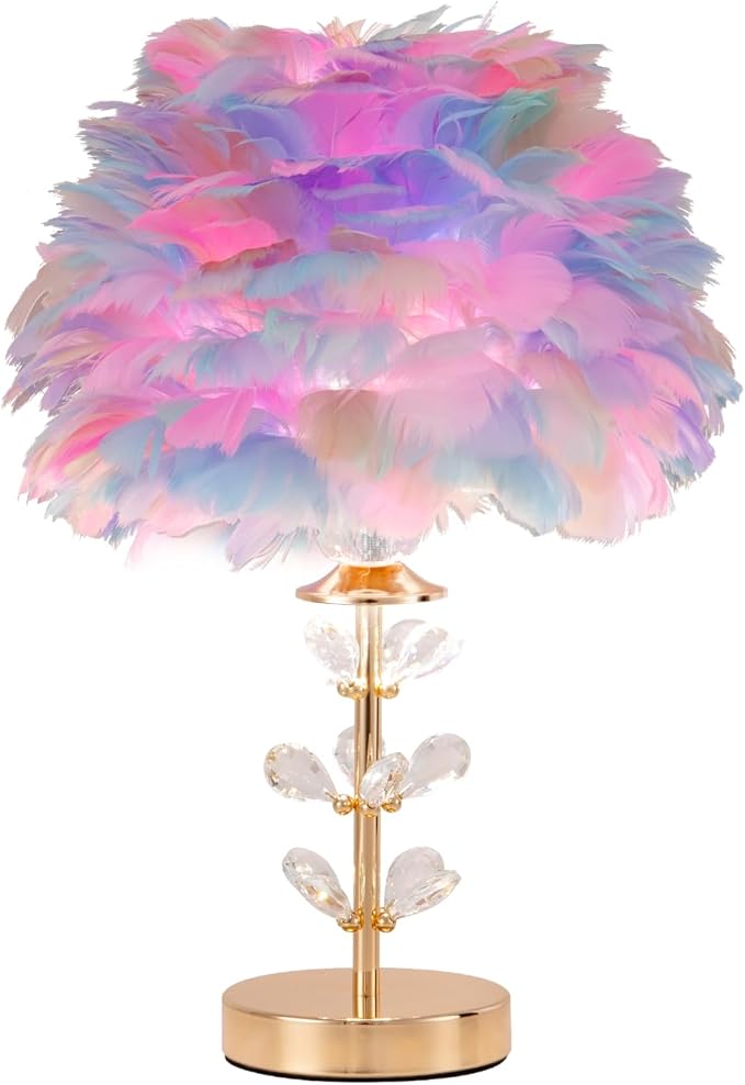 Colorful Feather Lamp Romantic Bedside Nightstand Lamp Creative FfluffyTable Lamp Modern Furry Desk Light for Princess Girls Bedroom Living Room Wedding Christmas Gift Deco Entry Office