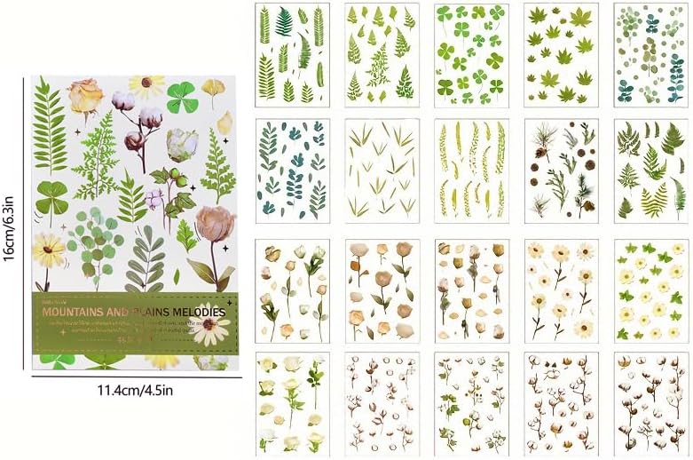 400PCS Plants Floral Scrapbook Stickers Kit Vintage Fern Flowers Green Transparent Waterproof Stickers Book for Scrapbooking Supplies Aesthetic Junk Journal Journaling Craft 20-Page - Image 5