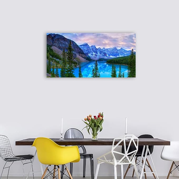 Mountain Lake Wall Art Living Room Wall Decor Banff National Park Nature Landscape Canvas Picture Blue Sky Water Forest Canvas Print Artwork for Bedroom Office Home Framed Ready to Hang 30" x 60"