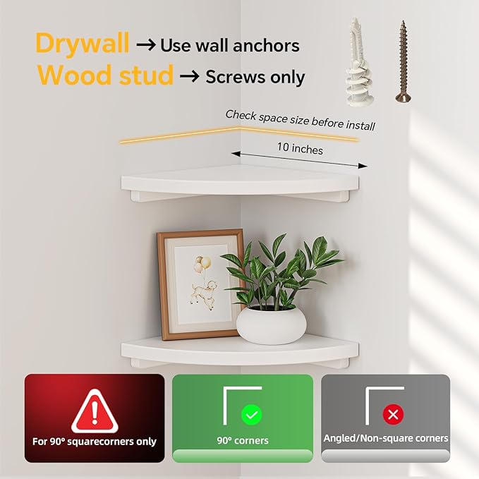 Floating Corner Shelves White 10", Solid Oak Wall Mounted Wooden Display Storage Rack with Wire Hole for Plants, Photos, Speakers, Bedroom, Kitchen, Living Room Décor - 2-Pack