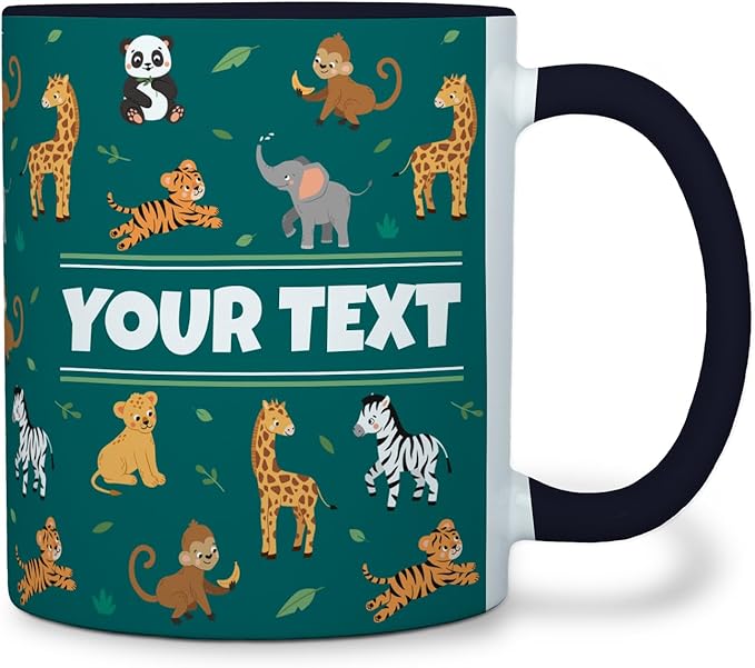 Personalized Mug for Kids - Zoo Animals - Custom Name/Text, Ceramic Hot Chocolate/Cocoa/Coffee Cup for Boys/Girls, Birthday/Christmas/Holiday Gift - 11 oz, Pink Handle