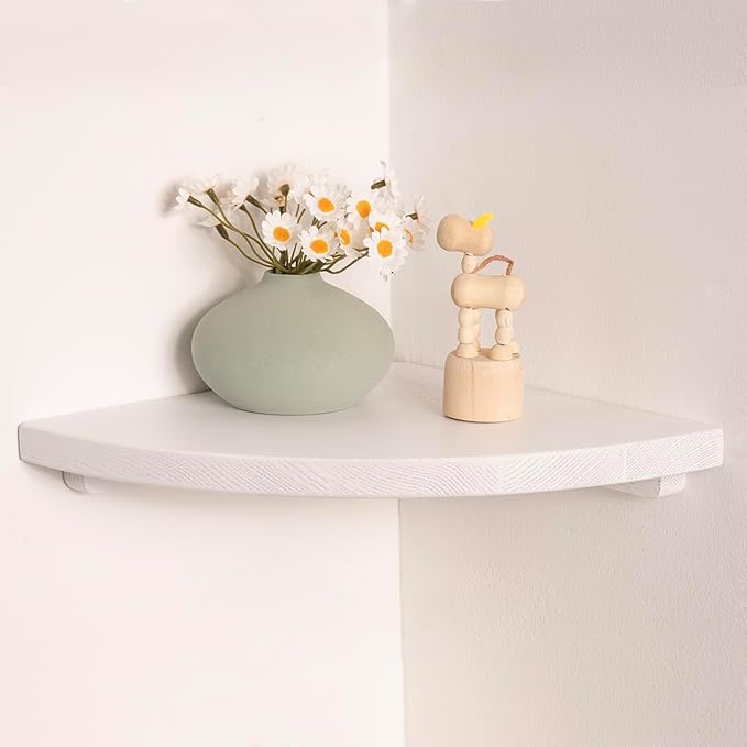 Floating Corner Shelves White 10", Solid Oak Wall Mounted Wooden Display Storage Rack with Wire Hole for Plants, Photos, Speakers, Bedroom, Kitchen, Living Room Décor - 1-Pack