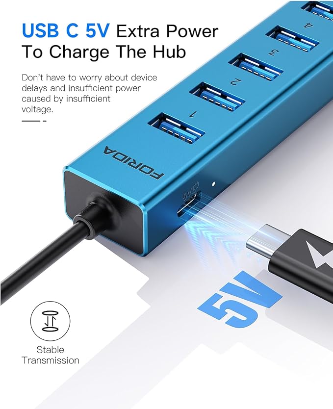 7 Ports USB 3.0 Hub, USB to Network HUB with 3.9ft Long Cable for Laptop, USB Splitter with Gigabit Ethernet Port and 5V/3A Power Port, MultiPort Aluminum Hub for iMac, PC, Flash Drives (Blue)