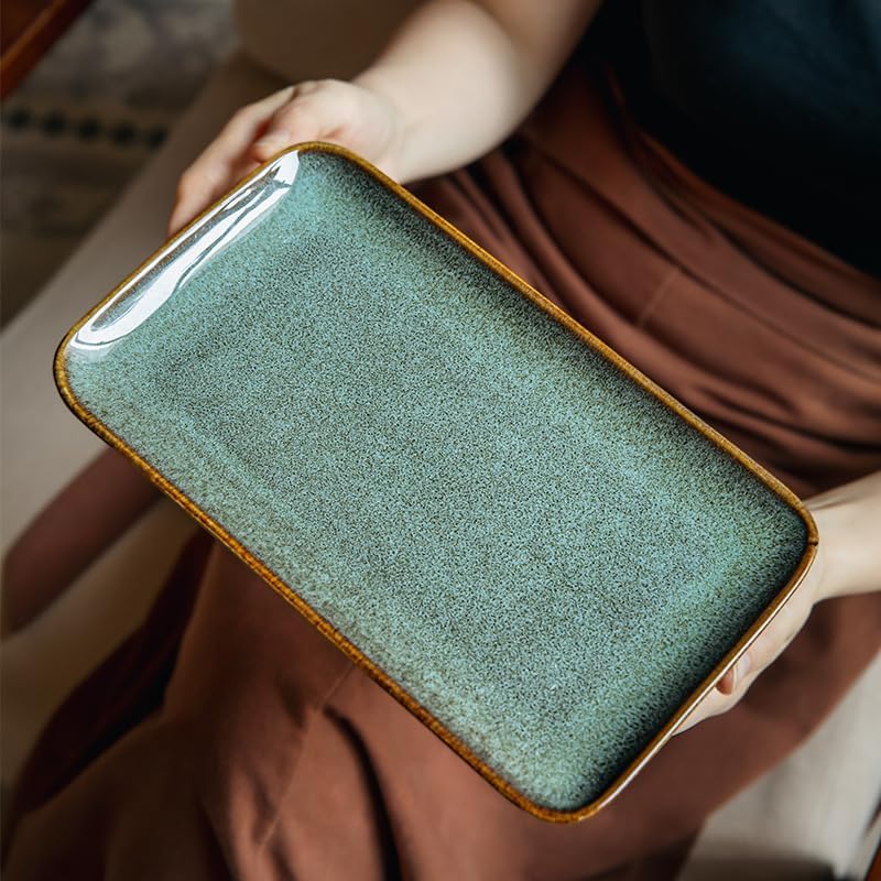 Unique Glazed Green Ceramic Tray,10 Inch Rectangular Serving Platter by Stylitzy