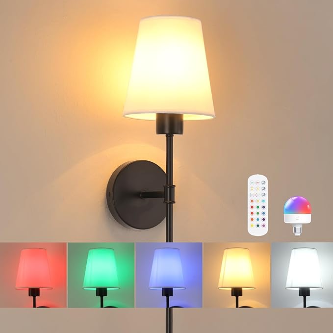 Battery Operated Wall Sconce, 120H Usage Time 22.6" Rechargeable Wall Light with Dimmable Bulb, 12 Colors Wall Sconce for Bedroom Living Room, Black