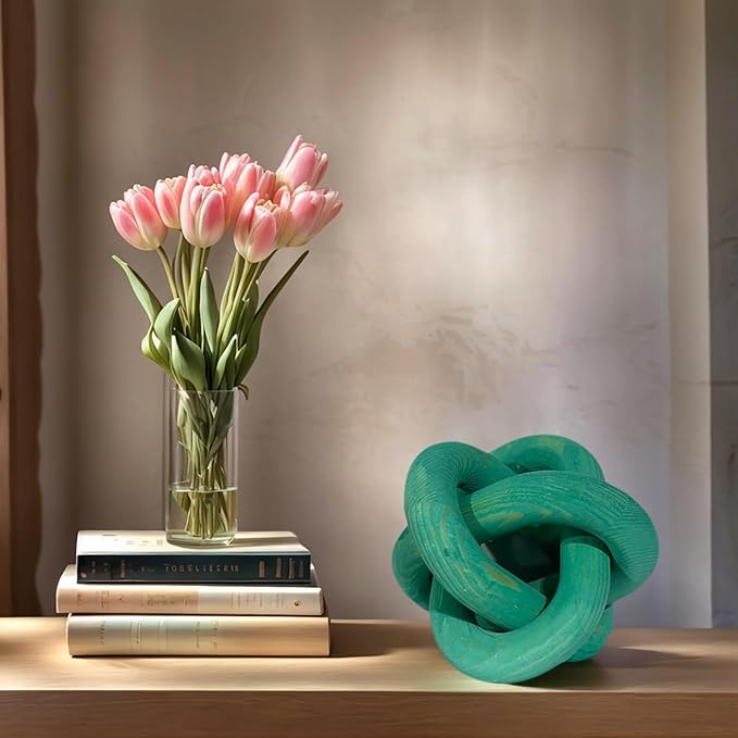 GUDAGUU Wood Knot Decor -Coffee Table Decor Shelf Decor Table Books Hand Carved Home Decoration Boho Country Rustic Modern Shabby Chic Style 3 Link Wooden Knot Chain Link Decor (Green)
