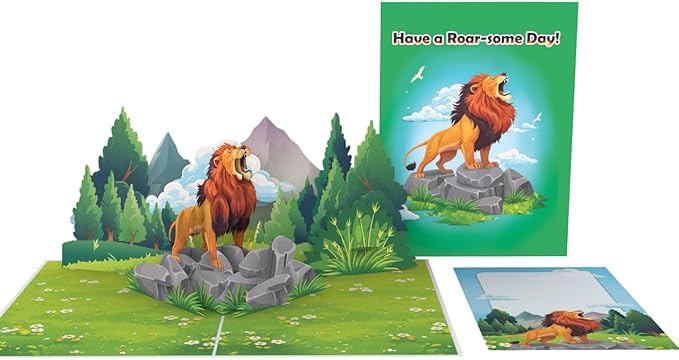 iGifts And Cards Roar-some 3D Pop-Up Lion Card – Majestic Safari Jungle Scene | Fierce Fun Wildlife Greeting for Birthdays Graduations Thank You Encouragement Animal Lovers 6x8 with Notecard